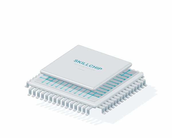 Silver and cyan chip rotating and opening to reveal the silicon die on a white background